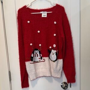 BKN Women's Cozy Red and White Penguin Sweater size L NWT